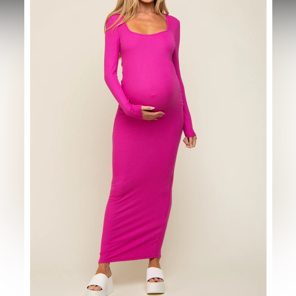 Pinkblush Fuchsia Ribbed Long Sleeve Square Neck Maternity Maxi Dress